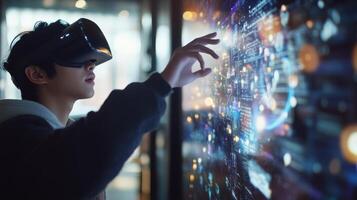 A school student is immersed in interactive learning that utilizes cuttingedge VR technology and advanced AI, significantly enhancing their education with highly immersive and innovative approaches photo
