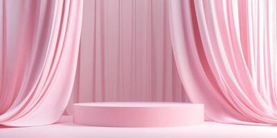 This is a minimalist 3D background that brilliantly features a stylish pink podium, which is absolutely perfect for showcasing a variety of cosmetic products against a backdrop of luxurious fabric photo