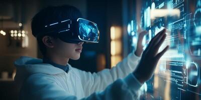 A school student explores interactive technology with a VR headset, engaging with AI and machine learning for an enhanced educational experience photo