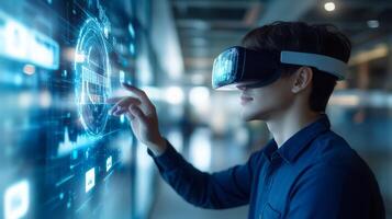 A student uses a virtual reality headset to explore advanced AI technology, showcasing the exciting future of education with innovative smart technology and creative learning methods photo