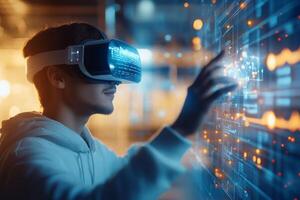 A dedicated student is using advanced virtual reality and AI tools to enhance their learning with interactive methods and machine learning, all while participating in the classroom photo
