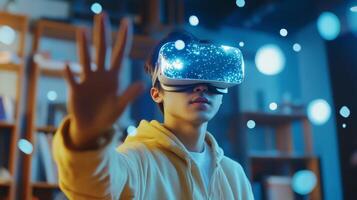 In a modern classroom, a student uses a virtual reality headset to explore artificial intelligence and machine learning, creating an innovative and interactive educational experience photo