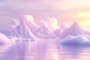 This tranquil landscape showcases stunning pink and purple mountains reflected in calm waters, surrounded by fluffy white clouds, creating a serene atmosphere that invites relaxation and peace photo
