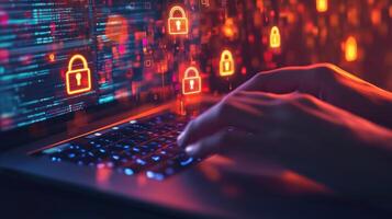 A skilled male cyber security professional dedicated to protecting sensitive data from cyber threats using advanced cloud solutions, often working remotely from his personal laptop photo