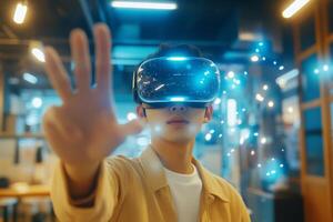 A curious student explores artificial intelligence and virtual reality in a smart classroom, showcasing the fusion of interactive learning and innovative experiences that can reshape education photo