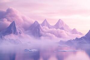 A breathtaking landscape features towering mountains in soft pink and purple, surrounded by wispy clouds, with shimmering reflections in calm water, forming an atmosphere of tranquility and beauty photo