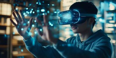 A dedicated student uses a VR headset to explore AI and machine learning, enhancing their educational experience and understanding of these complex concepts through immersive technology photo