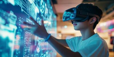 An enthusiastic student effectively uses advanced AI and engaging VR technology in an interactive classroom, leveraging innovative tools to enhance learning and foster creativity across subjects photo