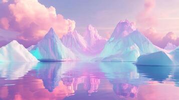 A tranquil scene of pink and purple mountains, fluffy clouds, and serene water reflecting the surroundings, ideal for creating a dreamy atmosphere for relaxation and visual pleasure photo