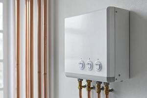 A modern wallmounted tankless water heater with reliable copper connections, installed in a wellorganized basement utility room designed for optimal efficiency and functionality photo