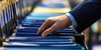 This image depicts a detailed inspection of organized audit records, emphasizing accuracy and compliance in business evaluations photo