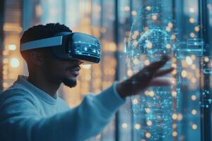 A school student actively engages with advanced AI and VR technologies, exploring interactive learning opportunities by utilizing stunning holograms in a contemporary and modern classroom setting photo