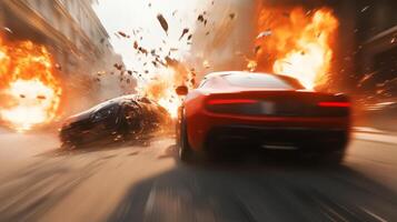 A cinematic wideangle shot captures the dramatic collision of two speeding cars, igniting a massive explosion that lights up the busy city street, highlighting the intensity of the highspeed chase photo