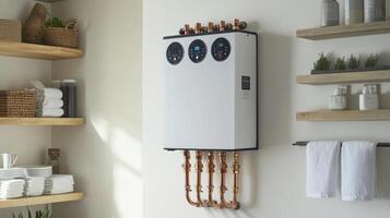 A sleek tankless water heater is installed on a clean basement wall, featuring copper pipe connections that enhance functionality and aesthetics, resulting in a tidy utility space photo