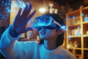 A dedicated student uses virtual reality and advanced AI for immersive learning, greatly enhancing their educational experience and improving academic outcomes in various subjects photo