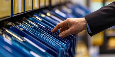 An auditor inspects files and documents to verify compliance, ensuring accurate data management and proper oversight for thorough evaluation, upholding standards of transparency and accountability photo