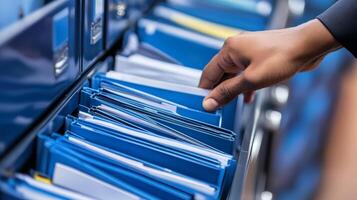 An auditor meticulously examines organized record files, concentrating on compliance, accuracy, and management scrutiny to ensure effective oversight and proper functioning of the business operations photo
