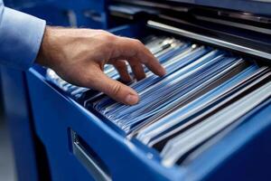 An auditor meticulously inspects and reviews organized files as part of the business compliance process, ensuring the accuracy and integrity of financial records and thorough evaluations are achieved photo