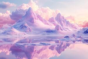 esta maravilloso paisaje caracteristicas vibrante rosado y púrpura montañas en contra el horizonte, con mullido nubes terminado calma aguas, creando reflexiones ese inspirar un profundo sentido de paz y tranquilidad foto
