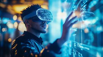 A student in a modern classroom uses a VR headset to explore artificial intelligence and machine learning, enhancing innovation and showcasing smart technologys role in interactive education photo