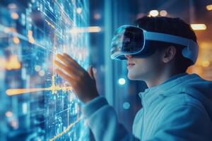A dedicated school student explores interactive learning using a VR headset and advanced AI technology, significantly enhancing the educational experience with innovative tech advancements photo