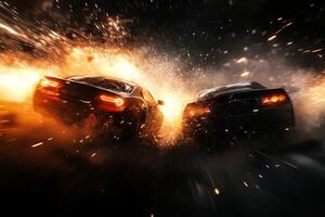 In a dramatic scene, two cars collide violently in a burst of flames and debris against a dark backdrop, perfect for action enthusiasts, capturing the intense energy and chaos of the moment photo