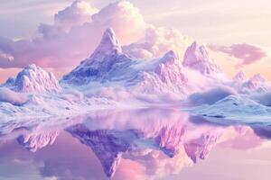 Imagine a serene landscape with stunning pink and purple mountains rising into the sky. Fluffy clouds float above, and the calm water reflects vibrant colors, creating a tranquil and peaceful view photo