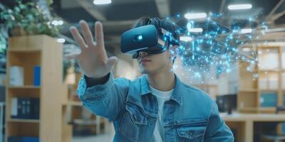 A curious student dives into virtual reality during class, using AI and holograms to enhance their education and engage in immersive, interactive learning experiences that captivate their interests photo