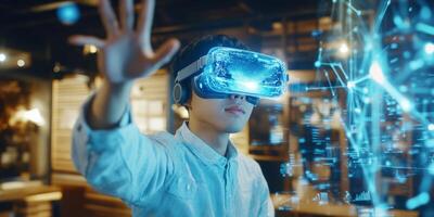 In a modern school, a student uses a virtual reality headset for interactive experiences with AIgenerated holograms, highlighting the creativity and innovation in todays educational settings photo