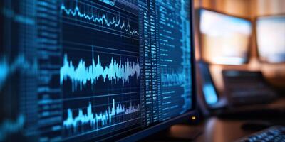 A closeup of a highresolution digital seismograph shows detailed earthquake data on a monitor, highlighting waveform patterns and seismic analysis essential for understanding seismic activities photo