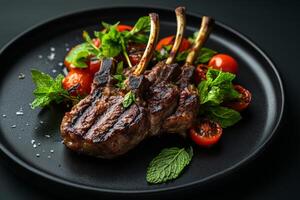 Indulge in the delightful taste of succulent lamb chops, skillfully paired with fresh mint and a vibrant summer salad, creating the perfect meal option for anyone following a ketogenic diet photo