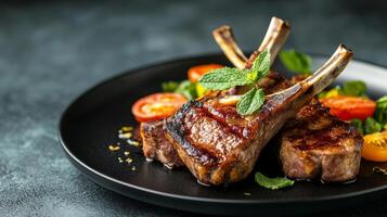 Savor juicy lamb chops garnished with fresh mint, served with a vibrant summer salad, perfect for ketogenic diets. This meal blends flavors and nutrients, making it both appetizing and nutritious photo