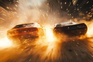 A stunning wideangle view captures the intense moment two powerful cars collide amidst sparks and smoke, showcasing highspeed action in a dramatic style that keeps you on the edge of your seat photo
