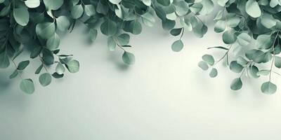 A beautifully serene green eucalyptus branch set against a clear and unobtrusive background, making it perfect for showcasing cosmetics or serving as an elegant backdrop for cheerful greeting cards photo