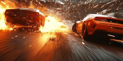 A thrilling wideangle view captures the dramatic moment of two cars colliding in an explosive event, showcasing highspeed action and striking visuals that keep you on the edge of your seat photo