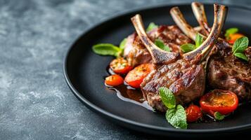 Indulge in juicy, tender lamb chops beautifully complemented with delightfully refreshing mint leaves, paired with a vibrant and colorful summer saladideal for anyone adhering to a ketogenic diet photo