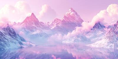 A tranquil landscape with majestic pink and purple mountains, soft clouds, serene water mirroring the scenery, and beautiful reflections, creating an enchanting atmosphere that captivates viewers photo