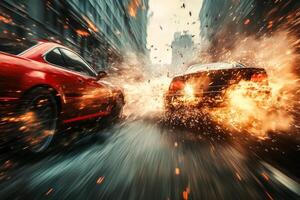 On a rainsoaked street, two cars collide with force, resulting in a fiery explosion that lights up the dark, wet environment, blending action, intensity, and urban chaos into one striking image photo