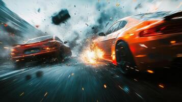 A wideangle shot captures the intense moment of two cars crashing, surrounded by flying debris and explosive effects, emphasizing the speed and chaos of the scene, creating a gripping experience photo