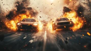 In a thrilling wideangle shot, two powerful cars collide with immense force, surrounded by stunning explosions and flying debris, capturing the essence of highoctane cinematic action photo