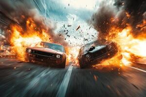A wideangle shot captures two highspeed cars colliding dramatically, creating an explosive spectacle filled with highoctane action and intense visual effects, immersing the audience in excitement photo