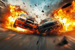 A dramatic wideangle depiction captures a breathtaking moment of two cars colliding violently, resulting in a fiery explosion that showcases the raw intensity of highspeed action and chaos photo