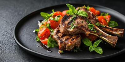 Indulge in the succulent taste of juicy lamb chops, elegantly complemented by a vibrant, fresh summer salad and aromatic mint, an ideal meal choice that aligns perfectly with a ketogenic diet photo