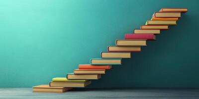 This artwork features books arranged as steps, symbolizing the journey of learning and growth. Its sleek, modern design captivates and inspires, blending education, innovation, and unique aesthetics photo