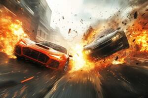 A thrilling scene shows the explosive collision of two speeding cars, highlighting breathtaking effects and angles that emphasize the intensity, speed, and adrenaline of the moment photo