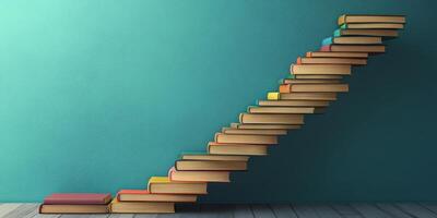 A visual of stacked books in a steplike formation symbolizes the journey of knowledge and continuous learning, presented through an abstract design that stimulates thought and imagination photo
