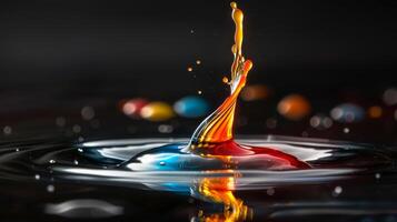 Vibrant colors and fluid dynamics in a stunning high-speed water splash photograph with bright droplets. photo