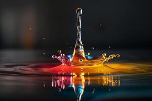 A beautiful water drop splash in motion with vibrant light reflections, capturing artistic and colorful essence photo
