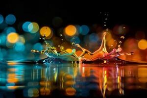 Dynamic water splash captured against a colorful bokeh backdrop, showcasing vibrant and fluid motion. photo