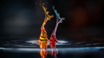A dynamic photo capturing colorful water droplets colliding, creating a dramatic splash with vivid colors
